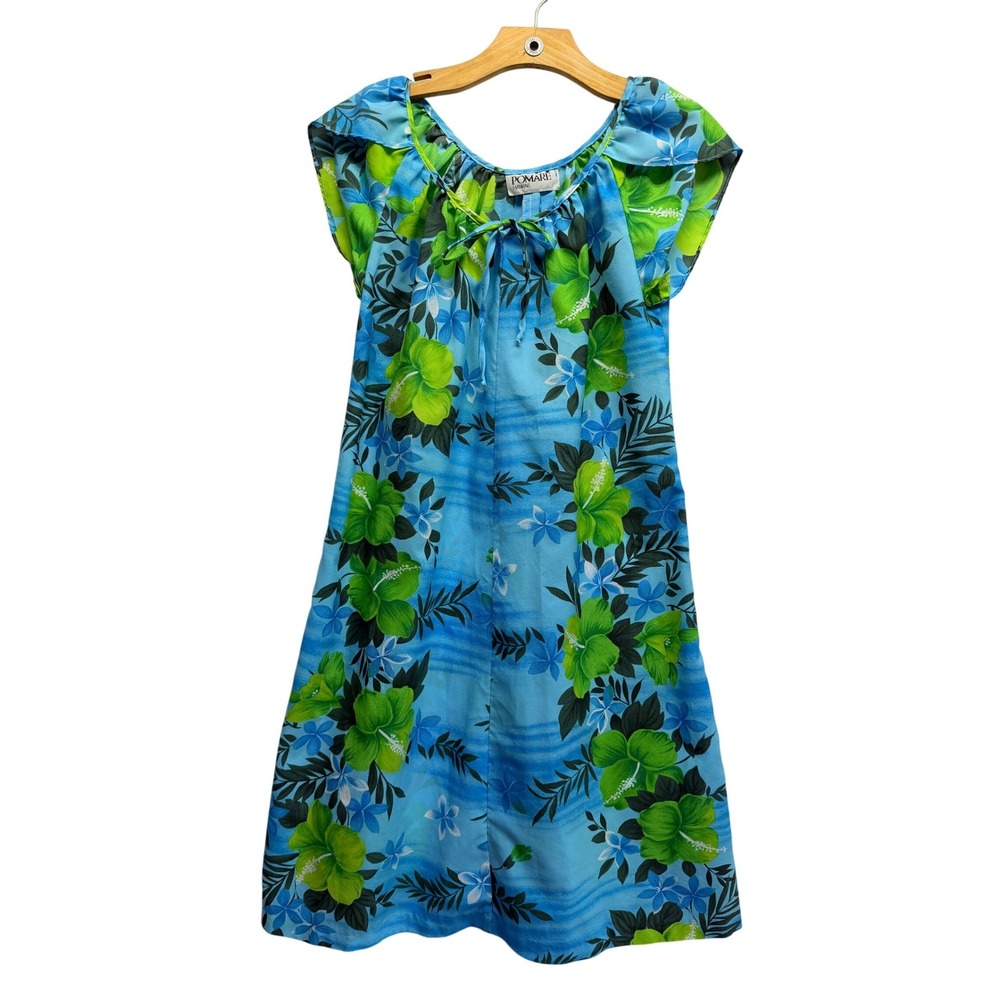Pomare Hawaii Blue Green Floral Hibiscus Muumuu Midi Dress Short Sleeve Tie Neck